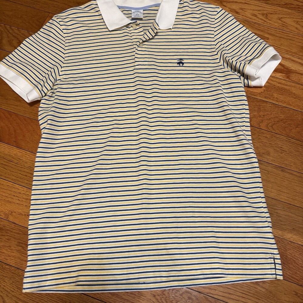 Brooks Brothers Polo Shirt Mens XL Short Sleeve Yellow/Blue Slim Fit Performance